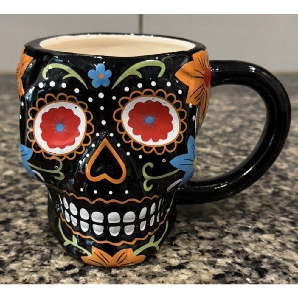 Hand-painted Figural Dia de los Muertos Day Of Dead Sugar Skull Mug World Market